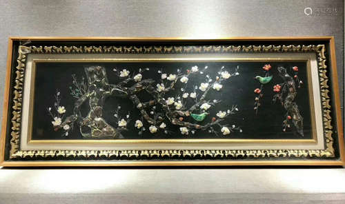 Chinese Wood Hanging Panel w Coral,Agate,Jade,Crys