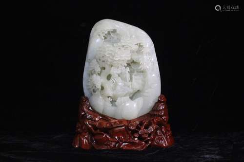 Chinese White Jade Carved Moutain w Stand