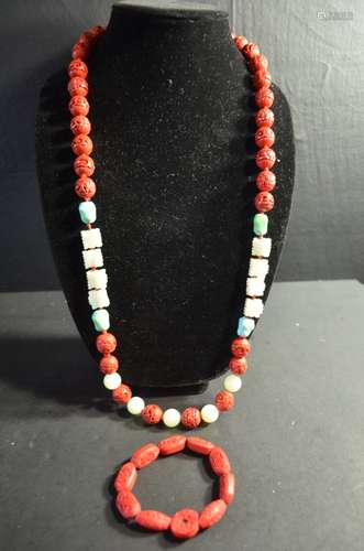 Two Chinese Lacquer Beads Necklace and Bracelet w