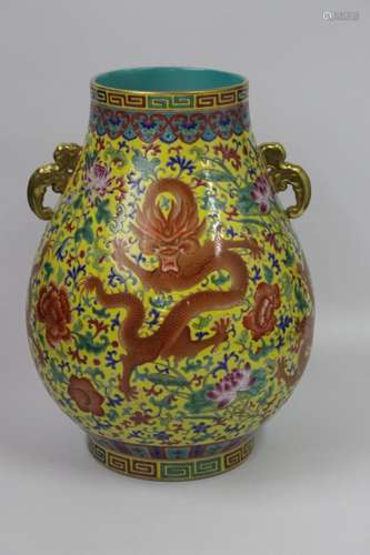 Chinese Yellow Ground Famille Rose Zun Vase