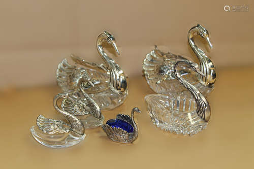 A Group of Sterling Silver & Glass Swan