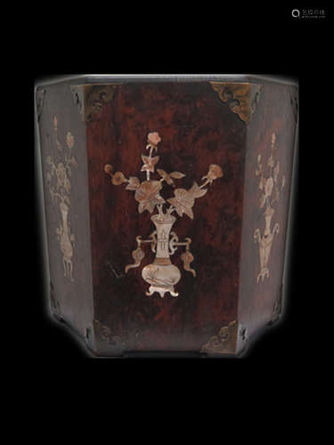 Chinese Wood Carved Brushpot w Mother Pearl Inlaid