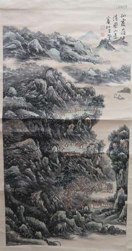 Chinese Ink Color Landscape Scroll Painting,Signed