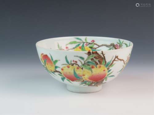 Chinese Peach Famille Rose Bowl w Calligraphy