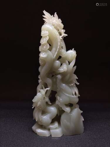 Chinese White Jade Carved Dragons Play Balls