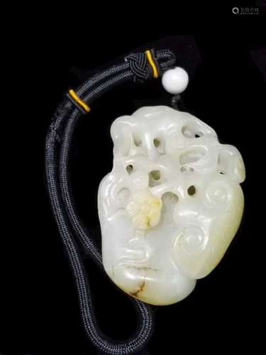 Chinese White Jade Carved Pendant w Russet