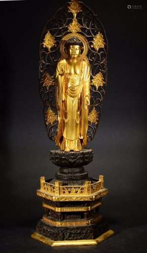 Chinese Gilt Bronze Standing Buddha w Stand