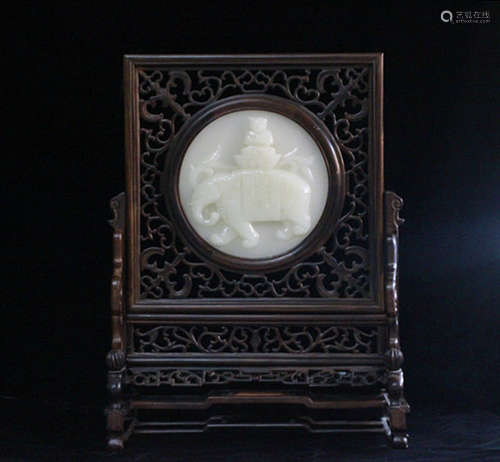 Chinese Wood Table Screen w Jade