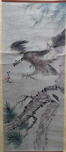 Chinese Ink Color Scroll Painting,Eagle, Signed