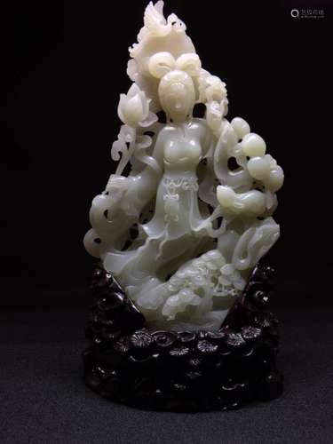 Chinese White Jade Carved Lady with Rabbit