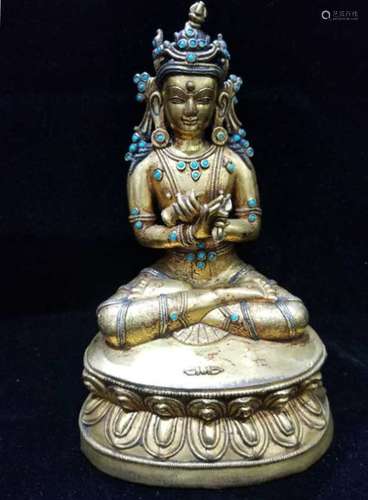 Chinese Gilt Bronze Buddha w Turquoise