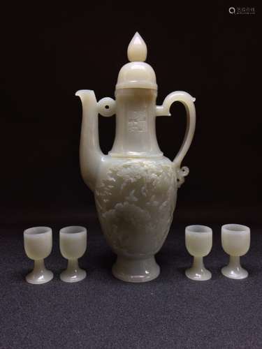 Set of Chinese White Jade Teapot Set, Mark