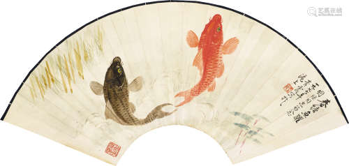 吴青霞（1910～2008） 春塘鱼跃 扇面 设色纸本