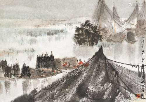 亚明（1924～2002） 灯火渔家 镜心 设色纸本
