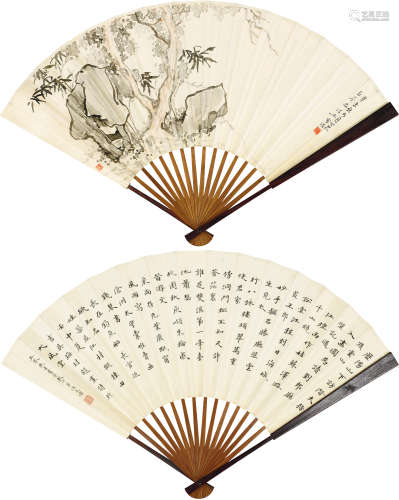 孙雪泥（1889～1965） 竹石图 成扇 设色纸本