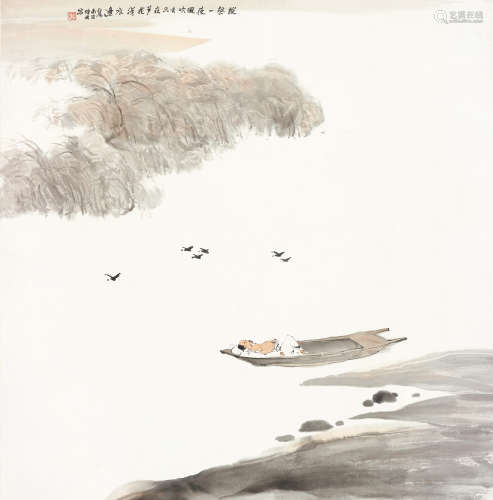 亚明（1924～2002） 湖舟高卧图 镜心 设色纸本