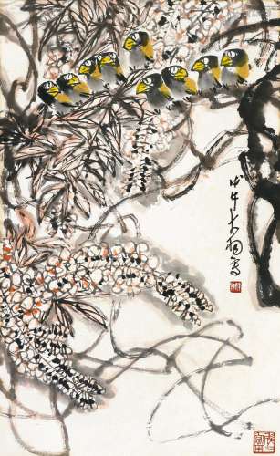 陈大羽（1912～2001） 紫藤八哥 镜心 设色纸本