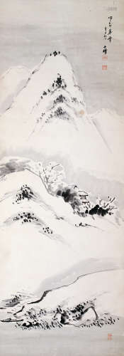 松年 雪景日本画 立轴 纸本