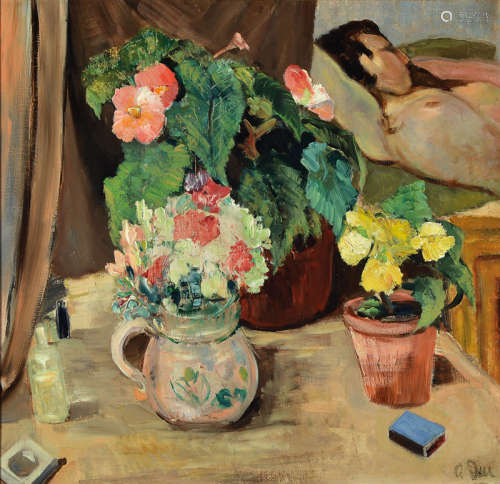 Unidentified artist of the early 20th century,still life with flower pots and bouquetin pitcher