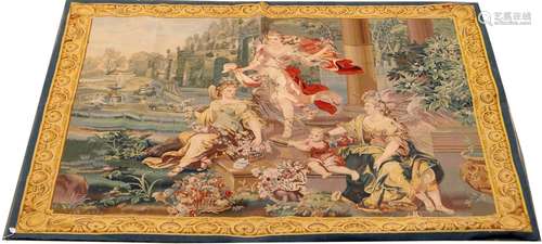 Tapisserie - Le Prinptemps.“.Elle présente trois femmes tissant des guirlandes de fleurs, dans un jardin agrémenté d'une fontaine. Bordure ornée de coquilles. Dimensions:<br/>178 x 162 cm.