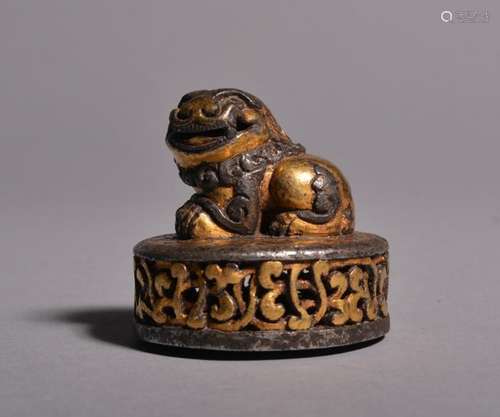 A TIBET GILT-SILVER LION SEAL. Qing Dynasty