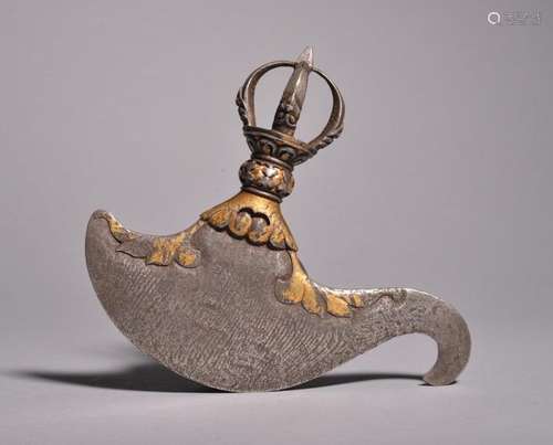 AN IRON GOLD-SILVER-COPPER-INLAID VAJRA AX. Ming Dynasty