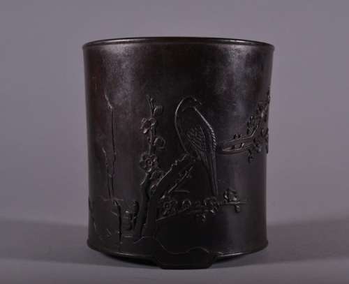 A CARVED ZITAN BRUSHPOT Qing Dynasty