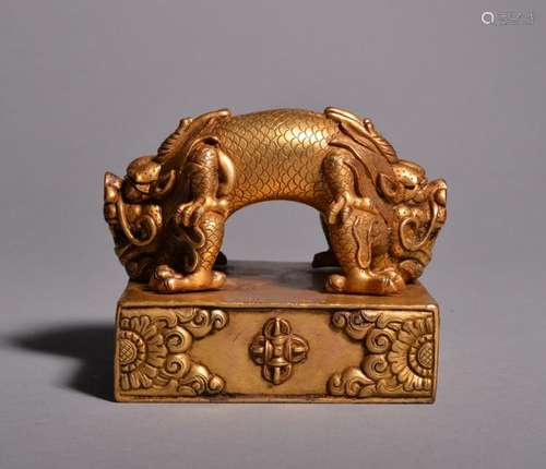 A GILT-BRONZE DRAGON GYALWANG SEAL. Qing Dynasty