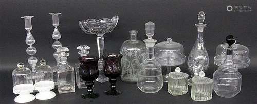 A LOT OF 17 GLASS PIECES Decanters, candlesticks