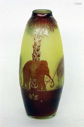 A GALLE STYLE VASE WITH ELEPHANTS 20th century