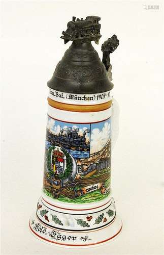 A RESERVIST'S TANKARD Porcelain with railway