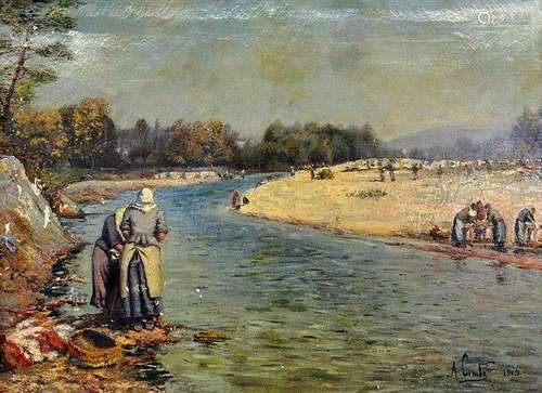 COMBE, A. France 1905 Washerwomen by the River