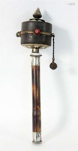 A TIBETAN PRAYER WHEEL Wooden with repousse white