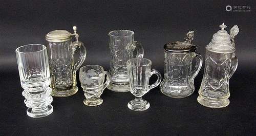 A LOT OF 4 BEER MUGS Cut glass. 3 with metal