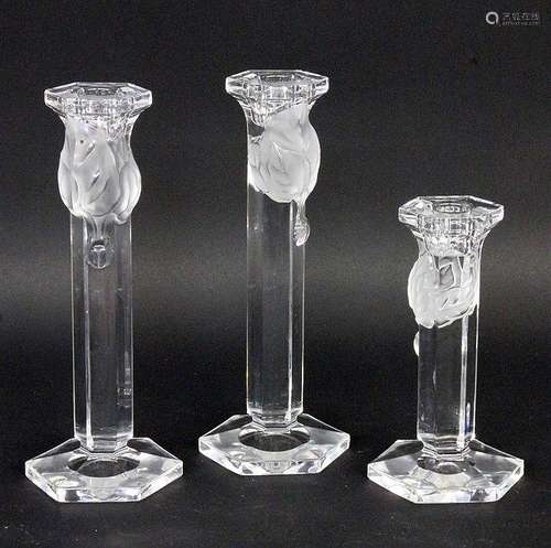 THREE CANDLESTICKS Glass. Height maximum 21