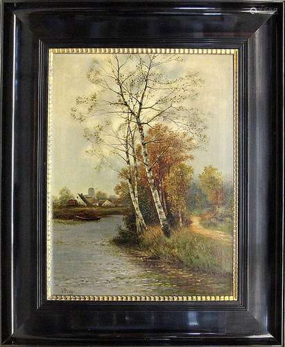 PLATE, J. ca. 1900 River landscape with birch