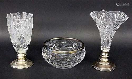 THREE GLASS VASES WITH SILVER FITTING Cut glass