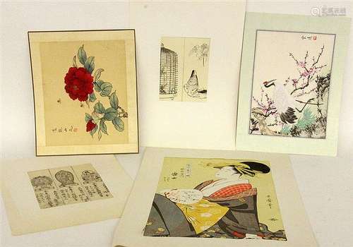 A LOT OF 5 JAPANESE PRINTS Woodcut, watercolour