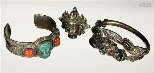 3 ASIAN SILVER JEWELLERY PIECES together