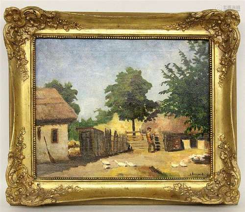 HAMORDING (?) 20th century Farm. Oil on canvas