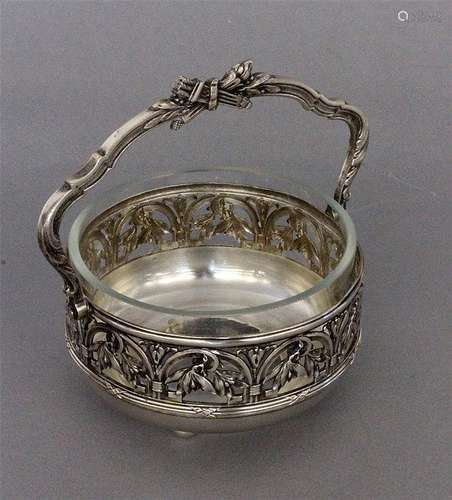 A HANDLED BOWL Silver-plated metal with glass