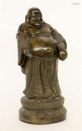 A LUCKY BUDDHA WITH BAG China Patinated bronze