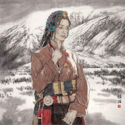 张波 雪山臧女 设色 镜框