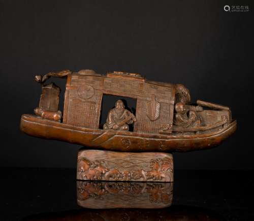 Late 19th Antique Carved Bamboo Figural Ship