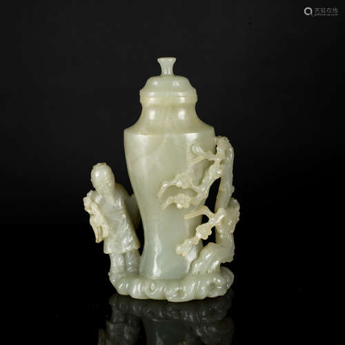 Late 19th Antique Pale Celadon Jade Figure Vase