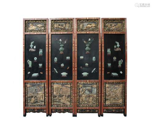 19th Antique Lacquer Wood Screen with Jade Inlaid