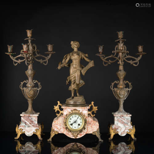 19th Antique Group of French Clock and Candle Stand