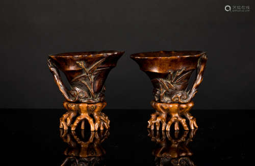 18th Antique Pair of Carved Bamboo Wine Cups
