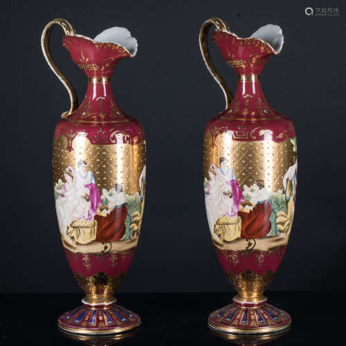 Antique / Vintage Pair of Enameled Porcelain Vases