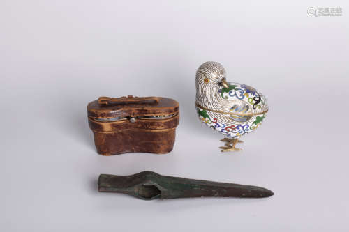 Chinese cloisonne bird shape box, 17- 18 century Binoculars for opera and Bronze ax